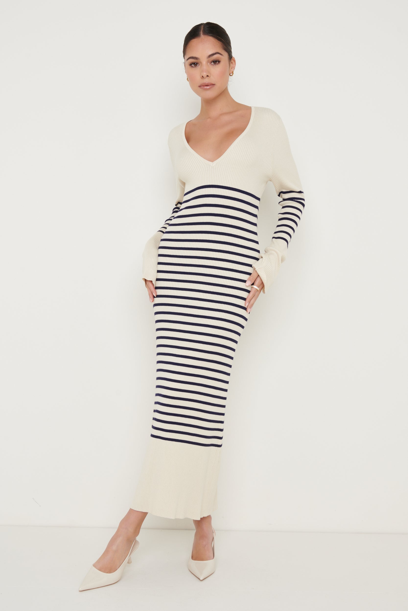 Vanessa Striped Knit Dress - Cream and Blue, XS