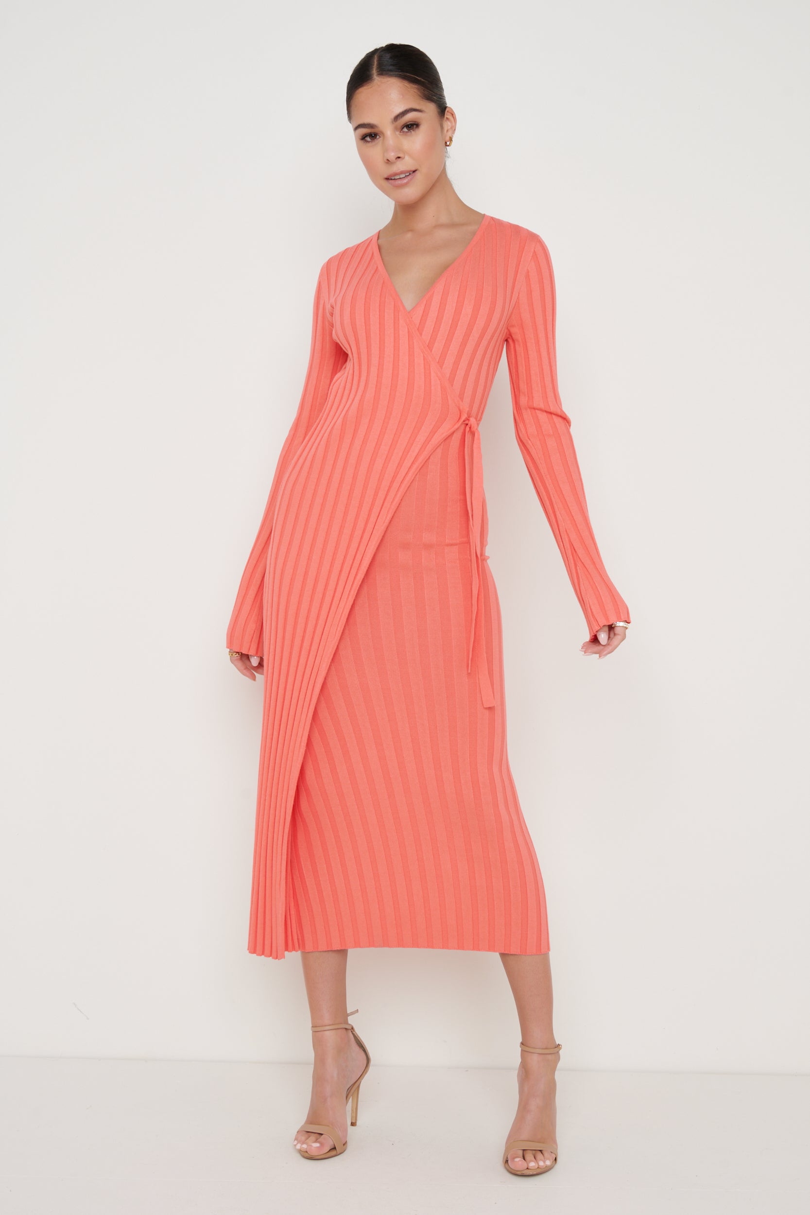 Vinnie Wrap Tie Midaxi Dress - Coral, XS