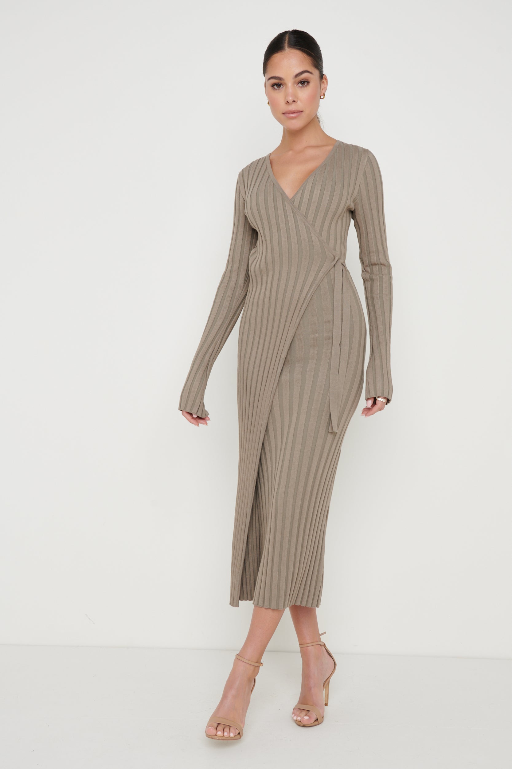 Vinnie Wrap Tie Midaxi Dress - Taupe, L