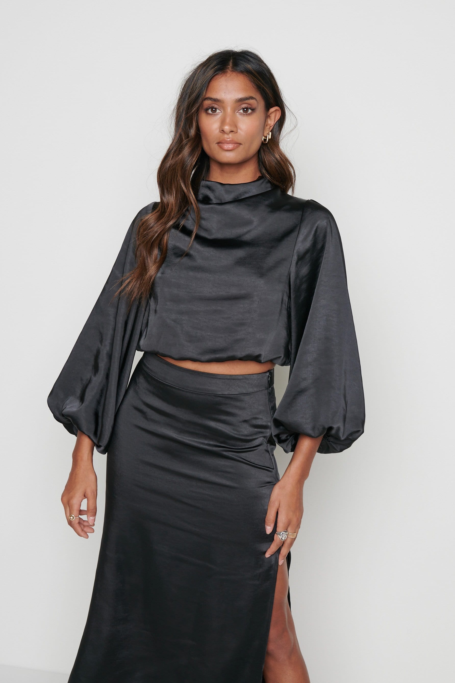 Yasmin Balloon Sleeve Crop Blouse - Black, 16