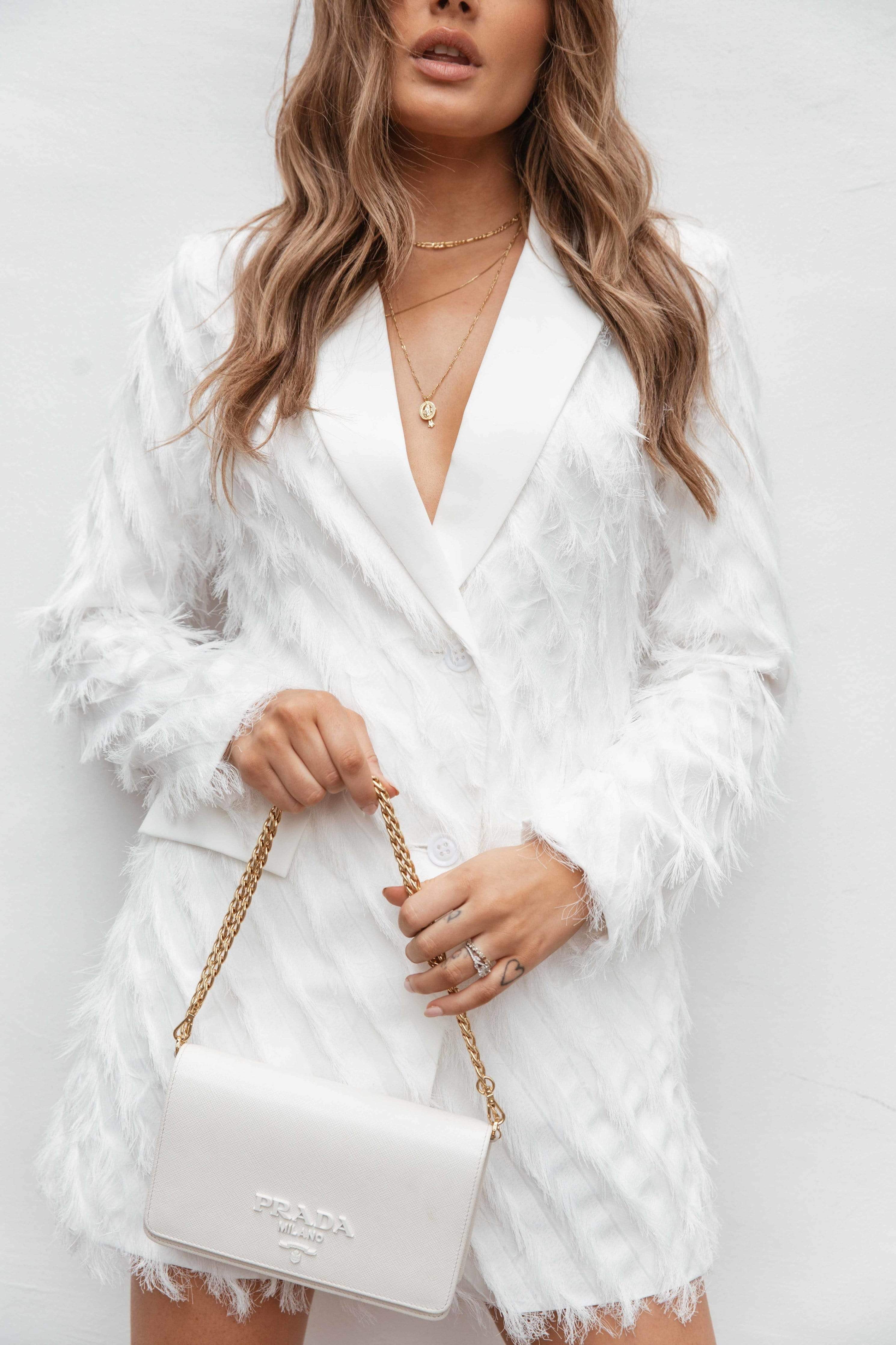 white fringe blazer dress