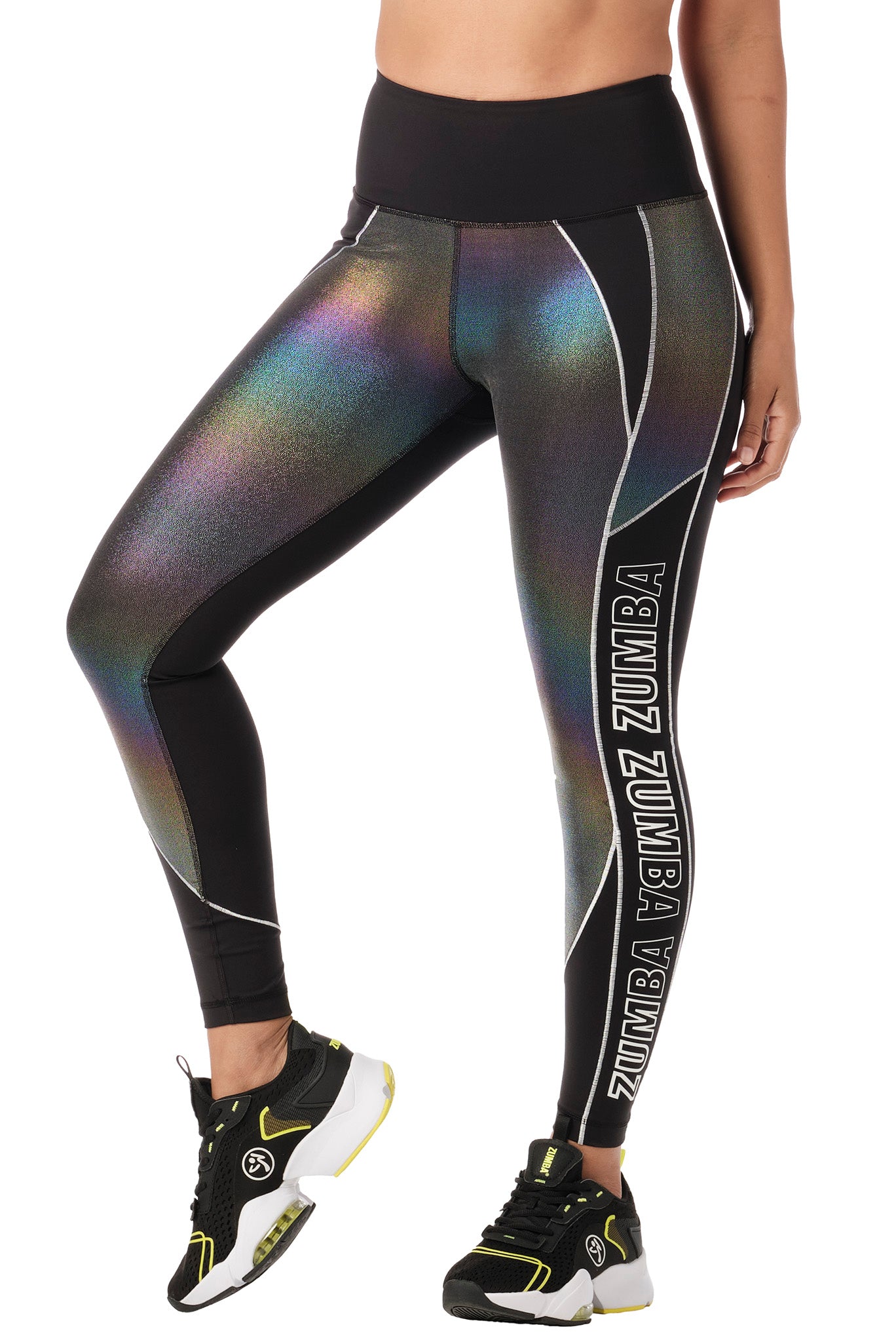 Bold Black Zumba Electric High Waisted Panel Ankle Leggings | Fitness