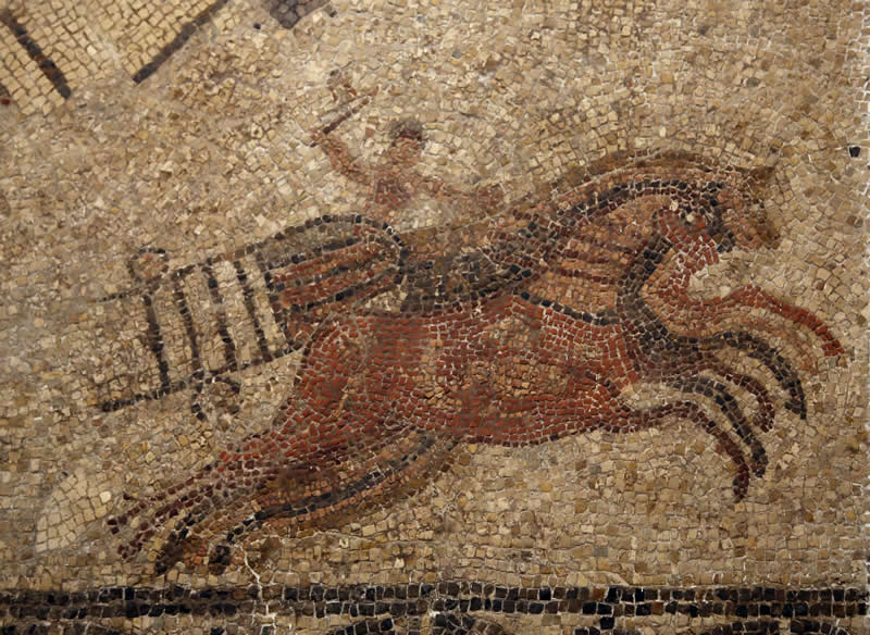 Roman Chariot Race in the circus. Mosaic - Paradas, Andalusia, Spain. 3rd-4th cent. Archaeological Museum of Seville.