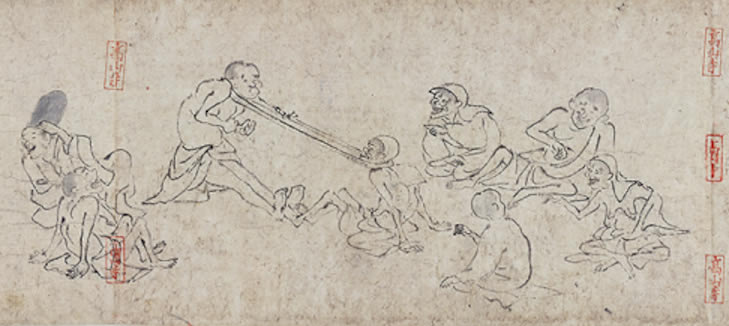 Two people playing tug-a-war with their heads in the former part of the third scroll of Chōjū-jinbutsu-giga.