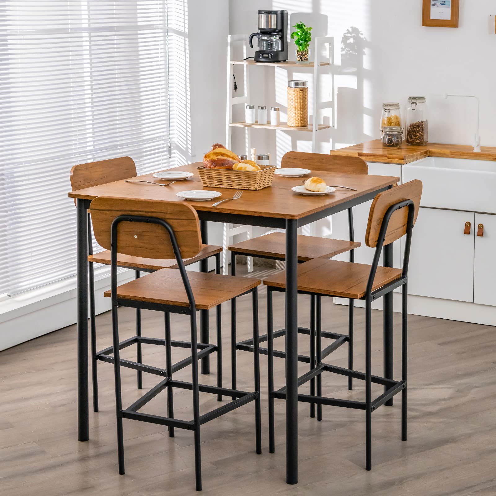 KOMFOTT 5 Piece Dining Table Set with Counter Height Table & 4 Bar Stools, Industrial Kitchen Dining Table Set with Footrest & Backrest