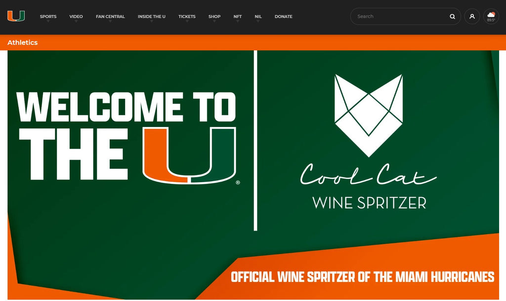 Screenshot of the Miami Hurricanes website declaring that Cool Cat is the official wine spritzer.