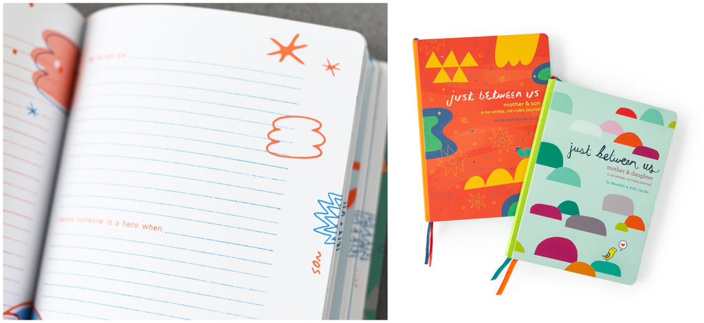 Just Between Us journal lies open to a page with blue and orange doodles while two lay on a white background showing off the brightly coloured covers