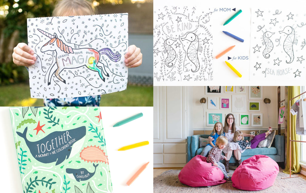 Collage of images of the Mommy and Me colouring book cover, colouring pages, and the maker, Stacie, with their children