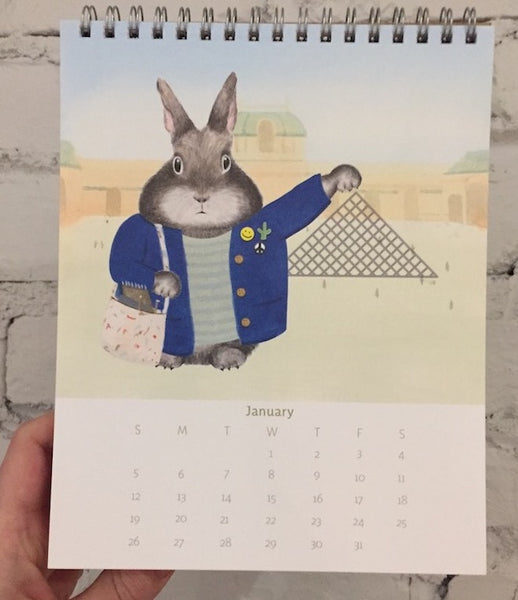 Dear Hancock's bunny calendar featuring a bunny at Paris' famous L'Ouvre