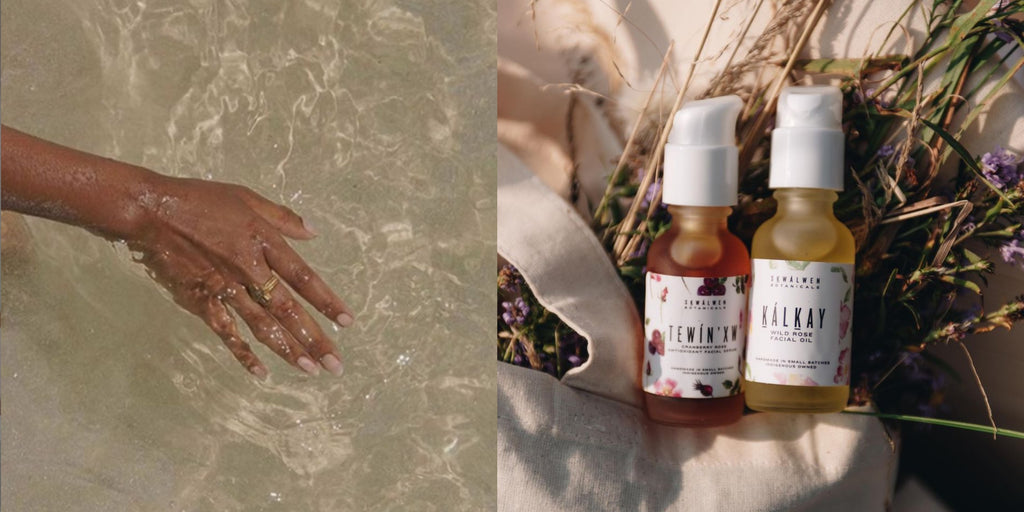 A hand tests bath water on the left with an image of two serum and facial oil bottles resting atop botanicals on the right