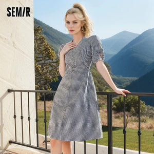 SEMIR Dress Women 2024 New Spring V-Neck Puff Sleeves Textured Plaid Dresses Temperament Slim Dress Sweet for women - ShopTopdiscount