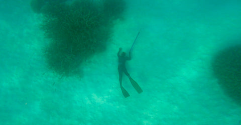 A diver wearing red camo at 8m