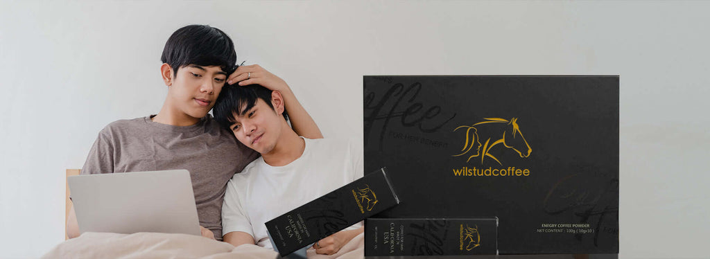 Gay couple embrace and WildStud™ Maca Energy Coffee