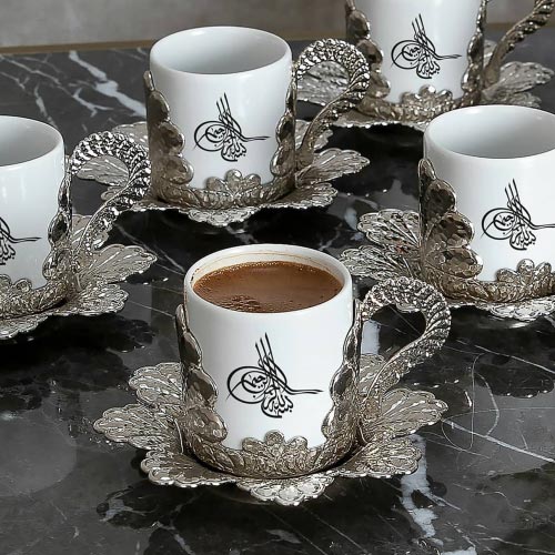 DAMLA COFFEE CUP SET TUGRA FOR 6 PEOPLE NICKEL 118 ml (4 oz) - Hakan Makes Kitchens Smile