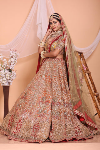 Designer Orange Color Embroidered Bridal Lehenga