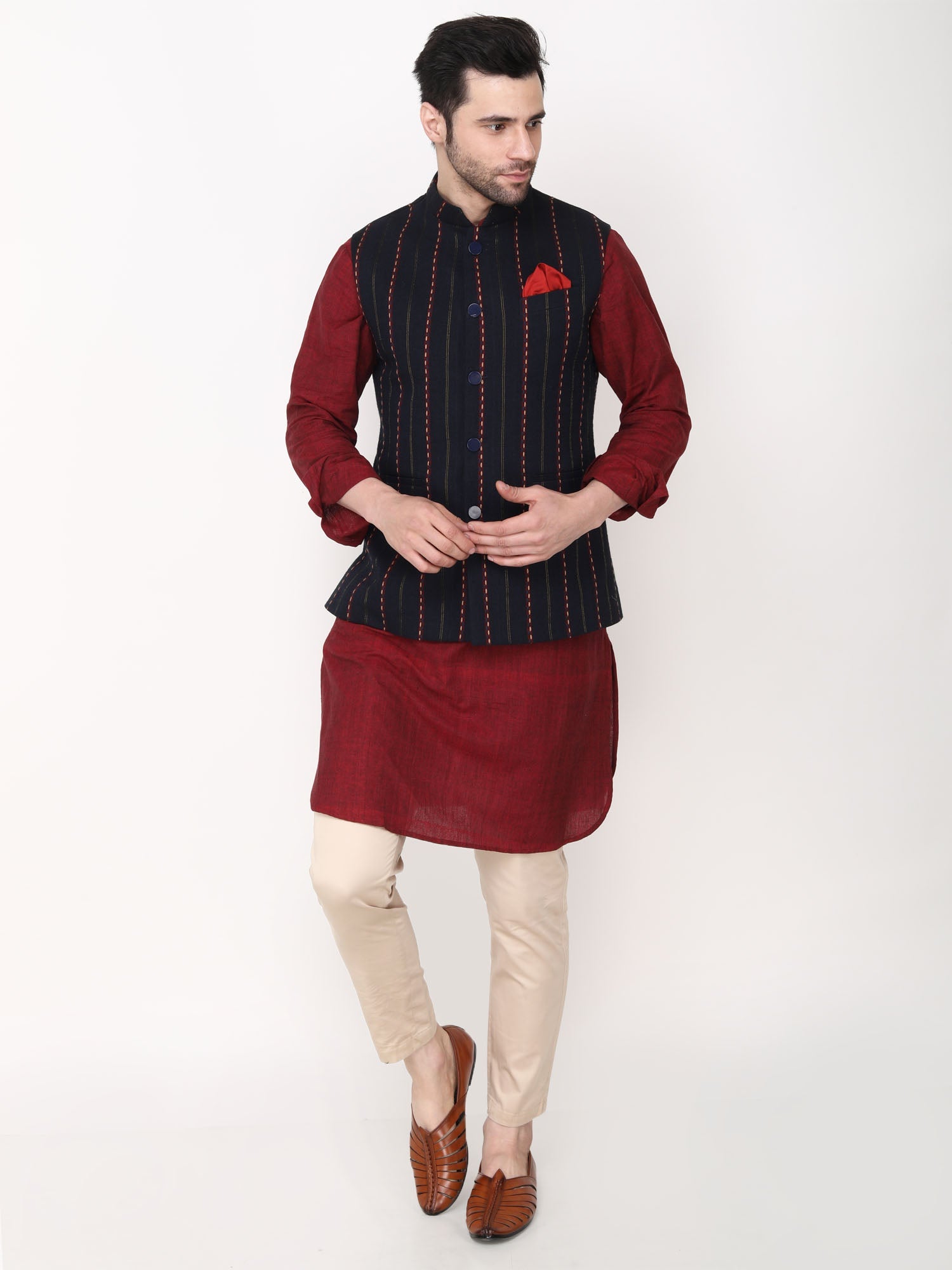 Blue Plain Cotton Stitched Nehru Jacket And Trousers - Hangup - 3022263