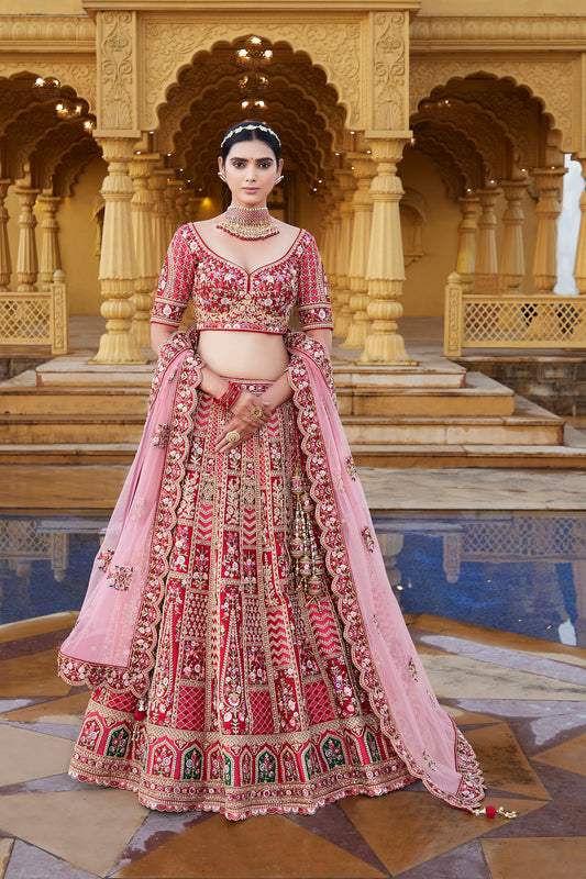 Buy Cherry red and Sunrise Orange Rhinestone Work Bridal Lehenga Online in  India @Mohey - Lehenga for Women