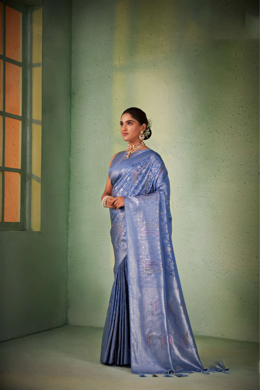 Buy Dark Blue Zari Silk Blend Saree, MSL-RJP-ANT-10015/MSL7