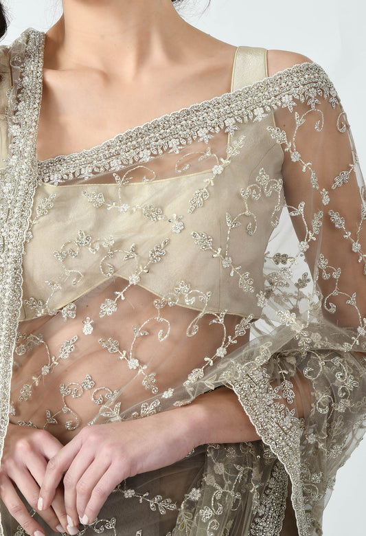 Black Hand embroidered Net Transparent Designer Saree for Cocktail-MIHSAZ09  – Mohi fashion