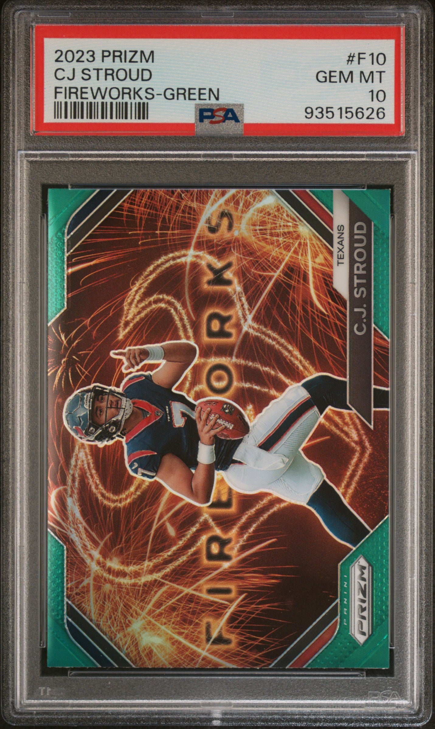 2023 Panini Prizm Fireworks CJ Stroud #F10 Fireworks Green Prizm PSA 10