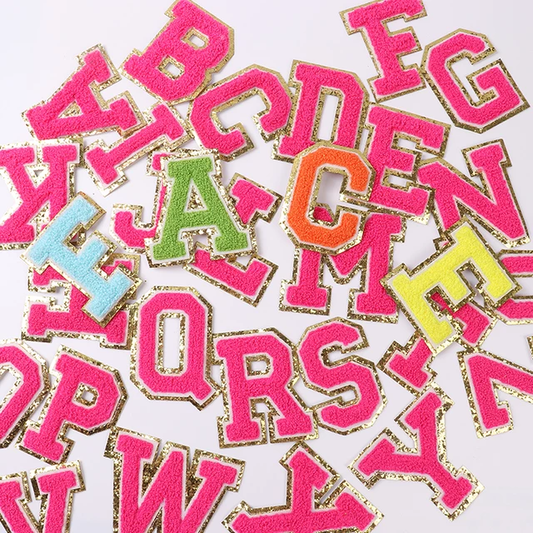 Bright Pink Chenille Iron On Gold Glitter Letter Patches – Scratch Decor