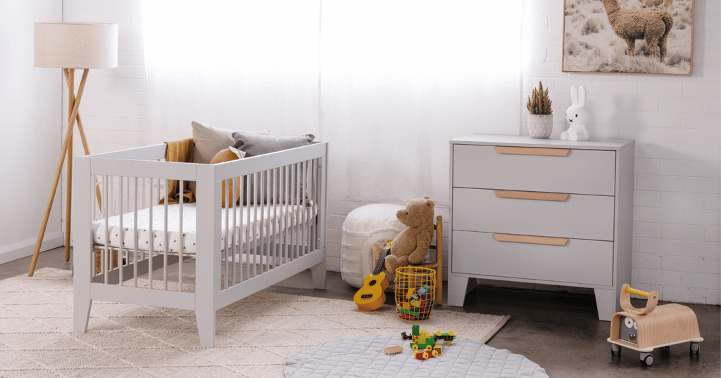 A peaceful nursery scene featuring the BabyRest Hague cot and chest