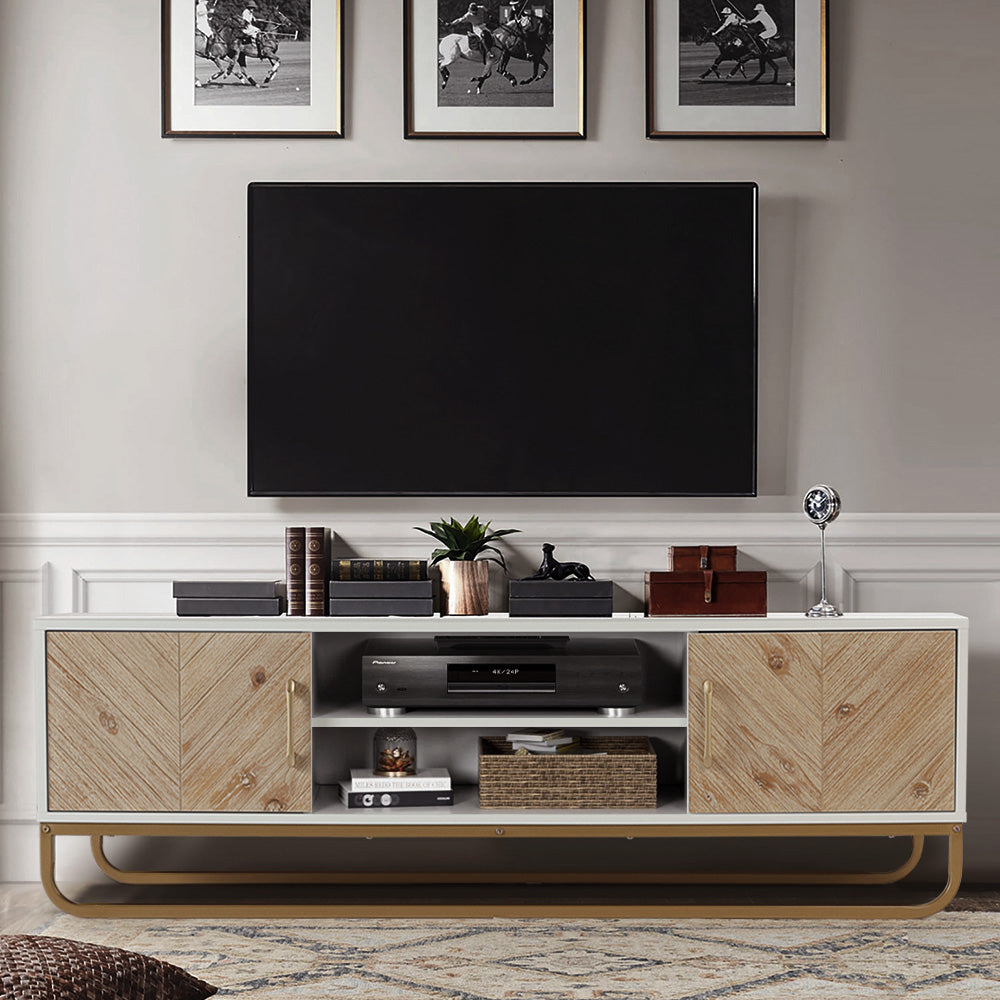 Image of 148CM Wide Wooden TV Stand with Open Shelves and Cabinets