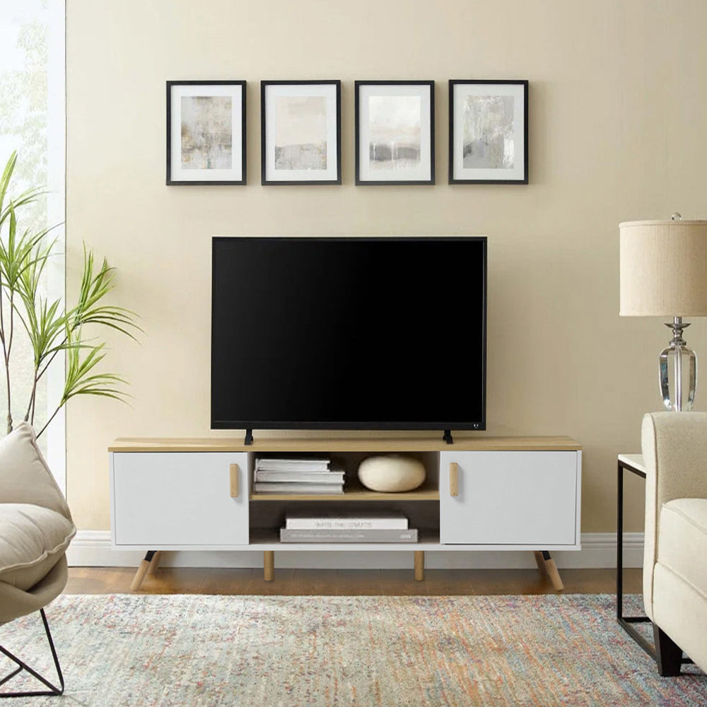 Image of 140CM Wide Wooden TV Stand with Open Shelves and Cabinets