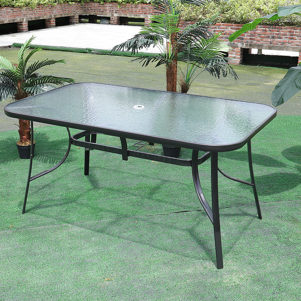 Image of 150CM Wide Outdoor Dining Table with Tempered Glass Top and Parasol Hole