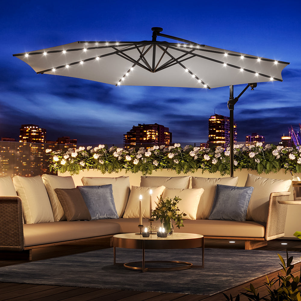 Image of Light Grey Outdoor Cantilever Parasol Umbrella with LED Lights