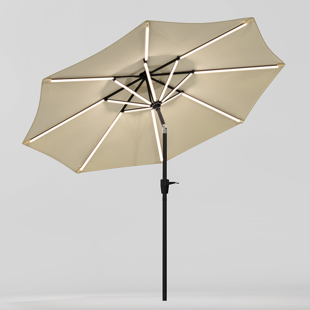 Image of Beige Outdoor Crank Lift Parasol Umbrella with LED Lights