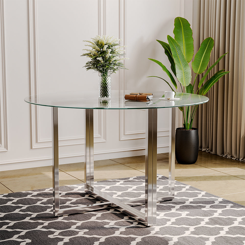 Image of Modern Round Tempered Glass Dining Table with Crossed Square Metal Legs