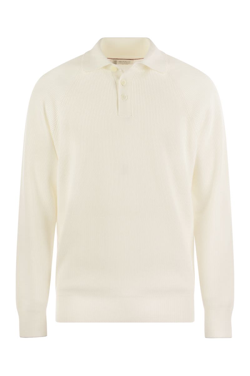Brunello Cucinelli Men's Cotton Rib Knit Polo Shirt With Long Raglan Sleeve In Cream