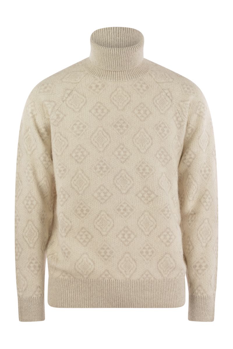 image of WHITE INTARSIA KNIT ROLL NECK SWEATER