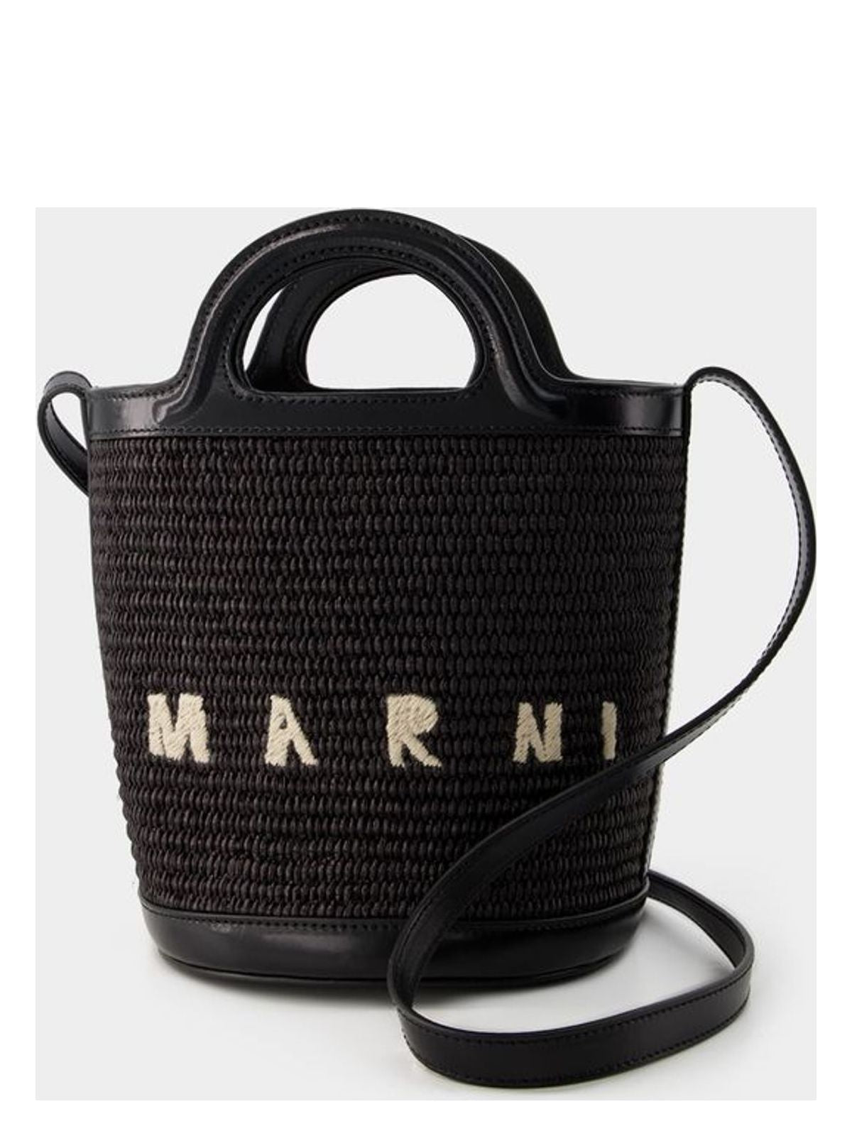 Marni Black Leather And Raffia Tropicalia Bucket Bag