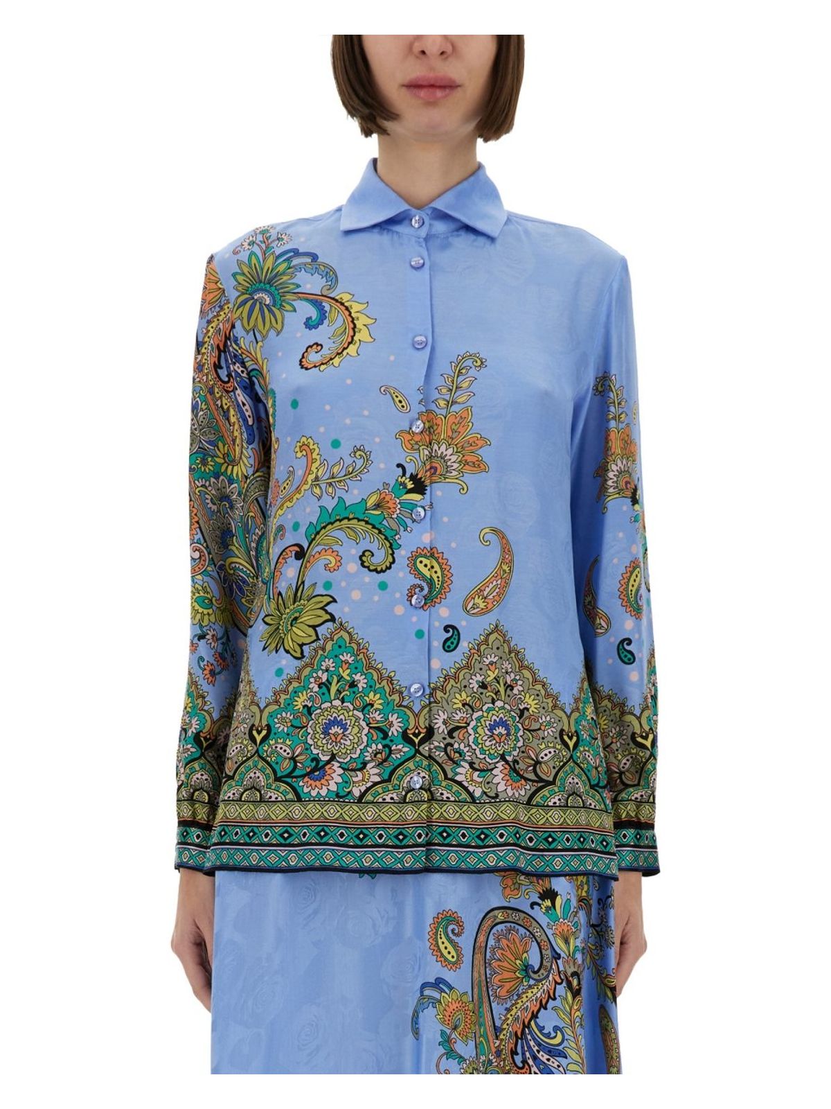 Etro All-over Signature Print Long-sleeved Shirt In Azure