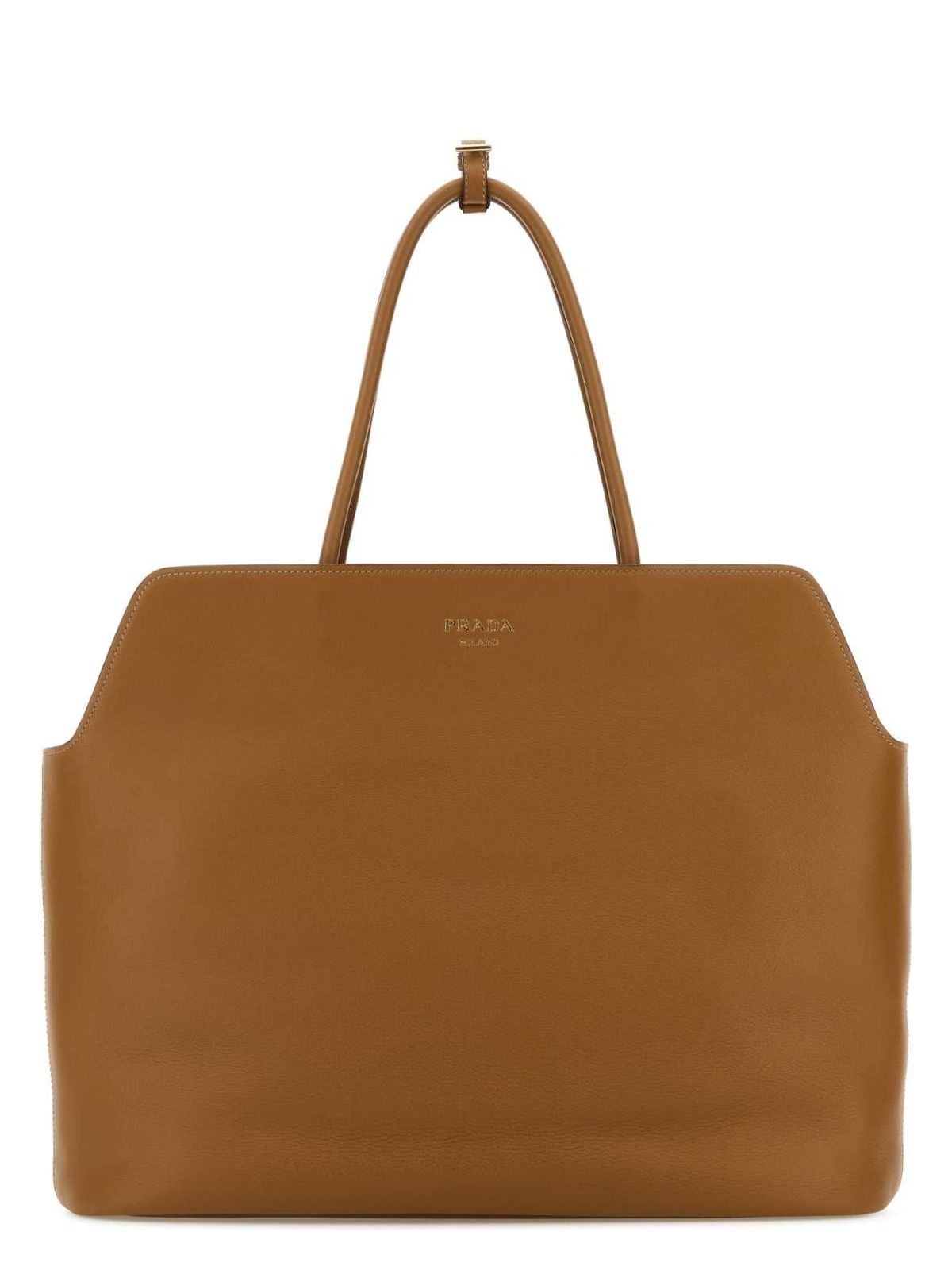 Prada Leather Shopping Bag With Structured Shape And Top Handles In Brown