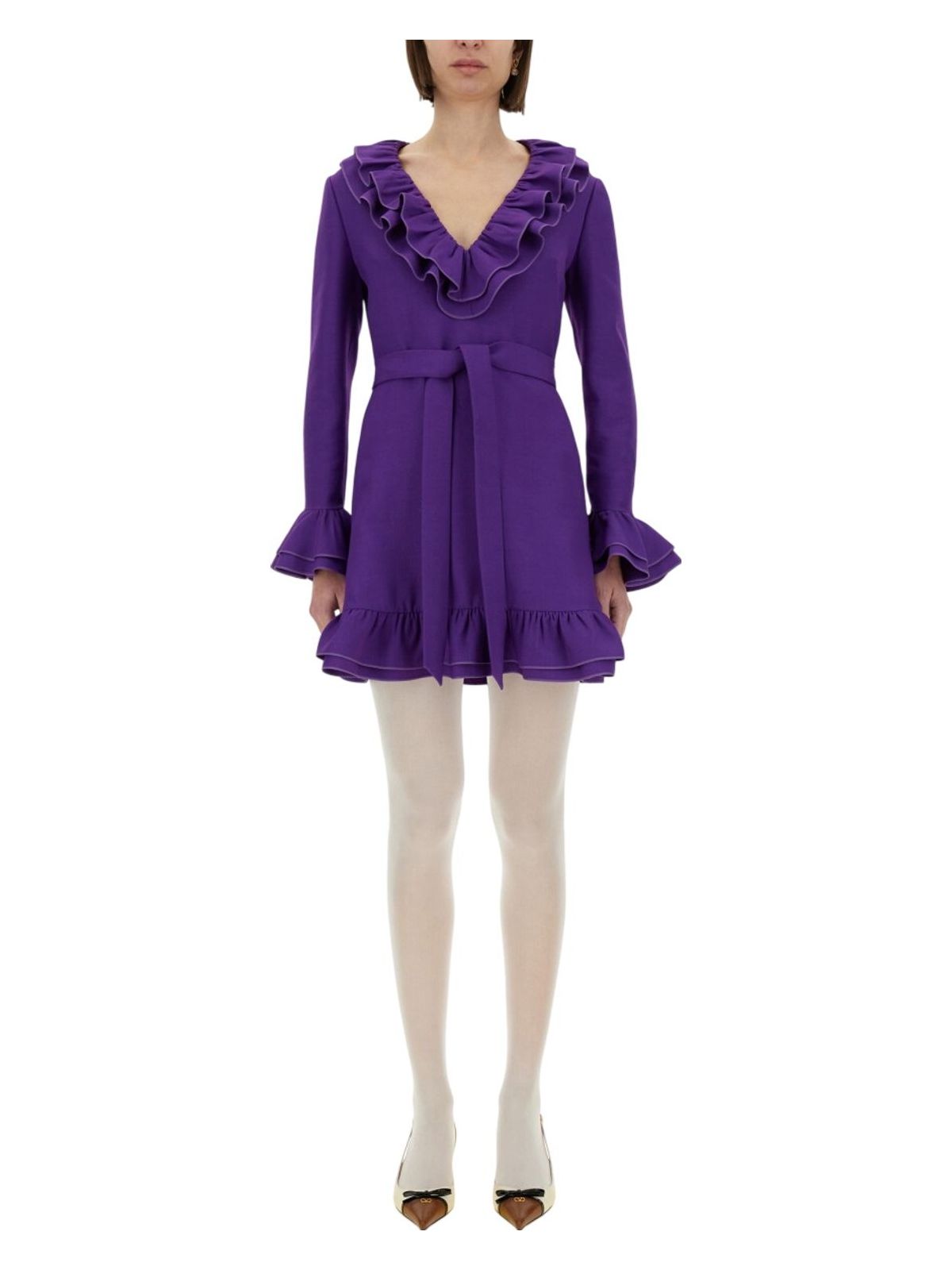 Valentino Garavani Purple Short Dress With V-neck And Ruffles In Virgin Wool And Silk Blend Woman