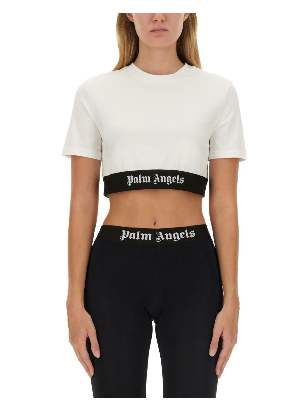 Palm Angels White Cropped T-shirt With Jacquard Logo In Cotton Woman In White