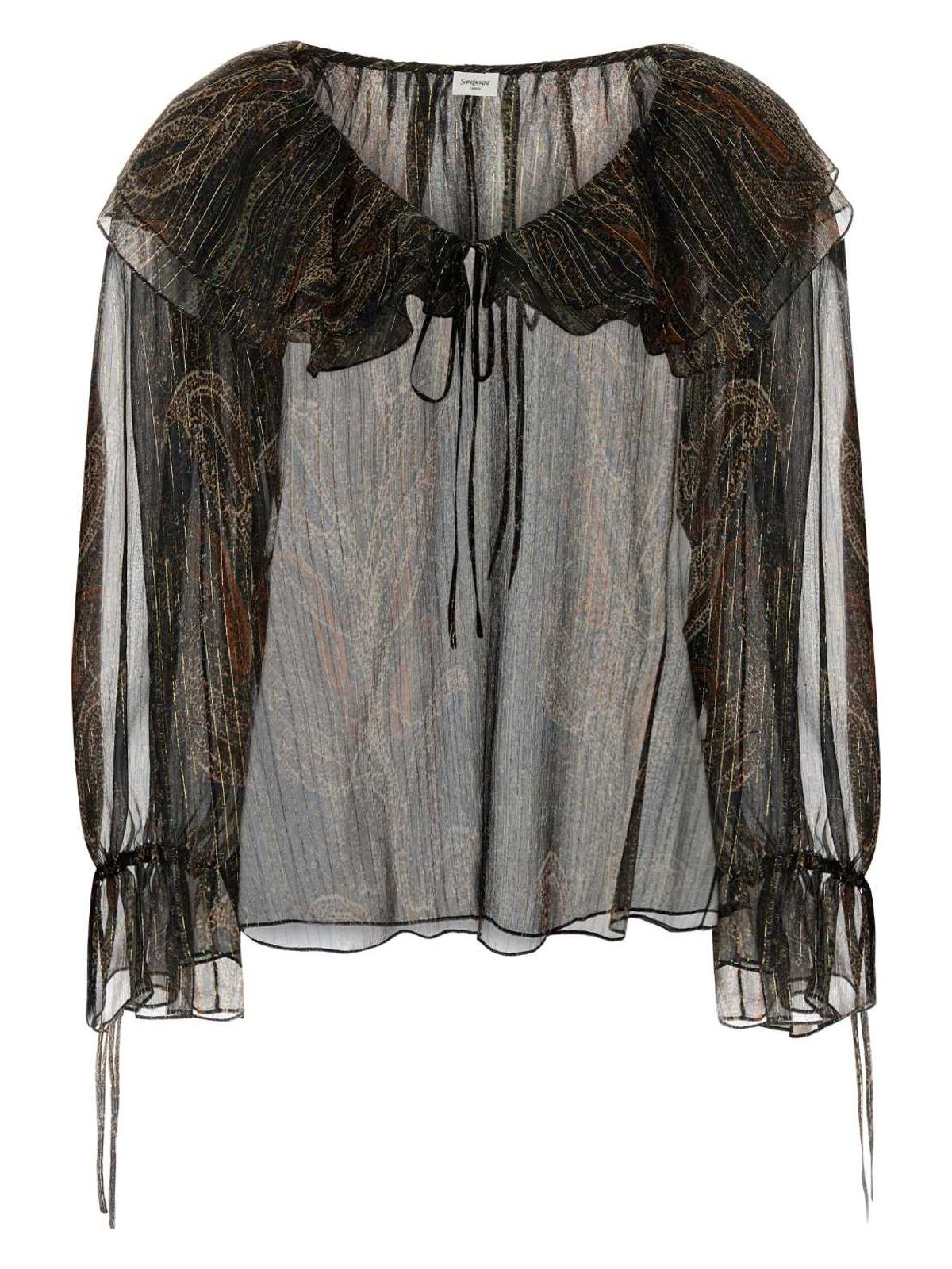 Saint Laurent Multicolor Off-shoulder Blouse With Drawstring Poet Sleeves In Silk Blend Woman