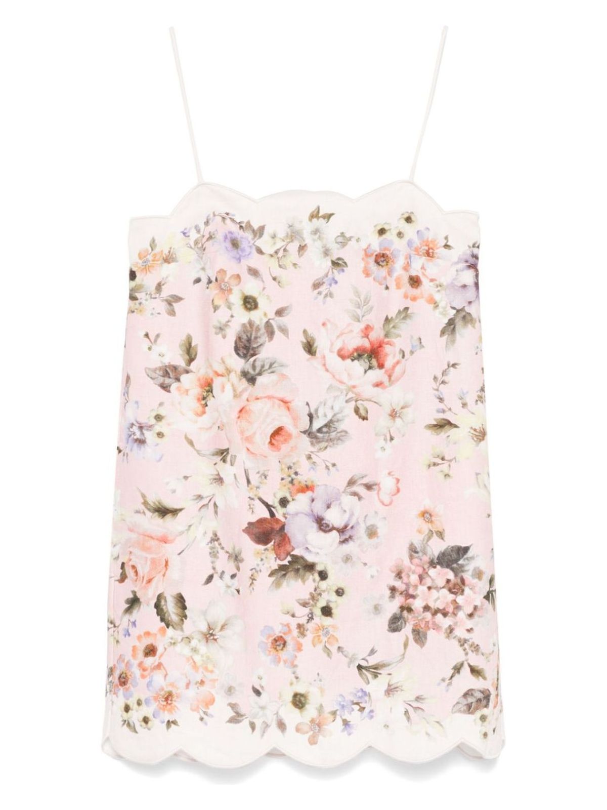image of MINI FLORAL LINEN DRESS IN PINK WITH SCALLOP NECKLINE AND SLEEVELESS