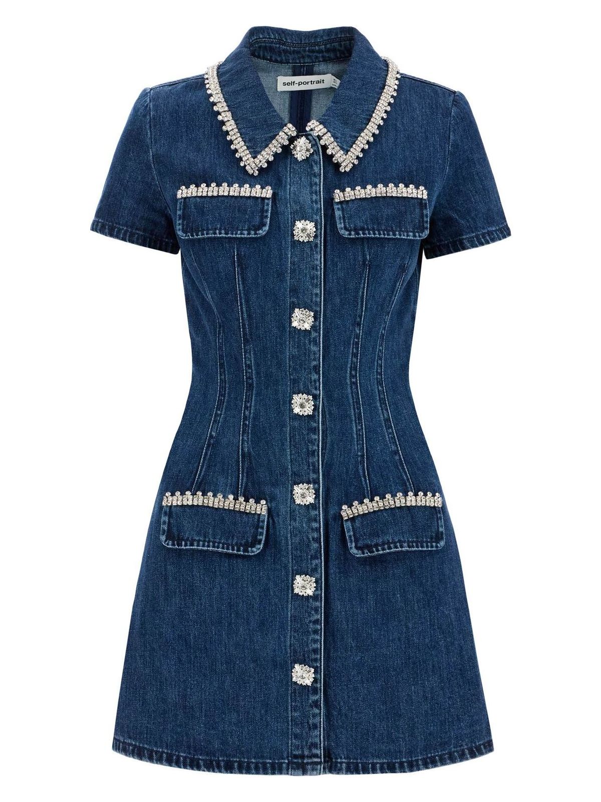 Self-portrait Blue Mini Dress With Rhinestoned Collar And Jewel Buttons With Crystals In Denim Woman In Denim