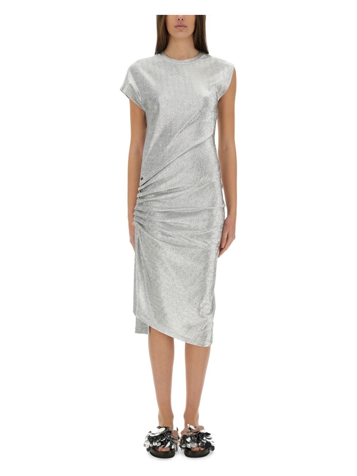 Rabanne Asymmetric Ruched Stretch-lurex Dress In Silver