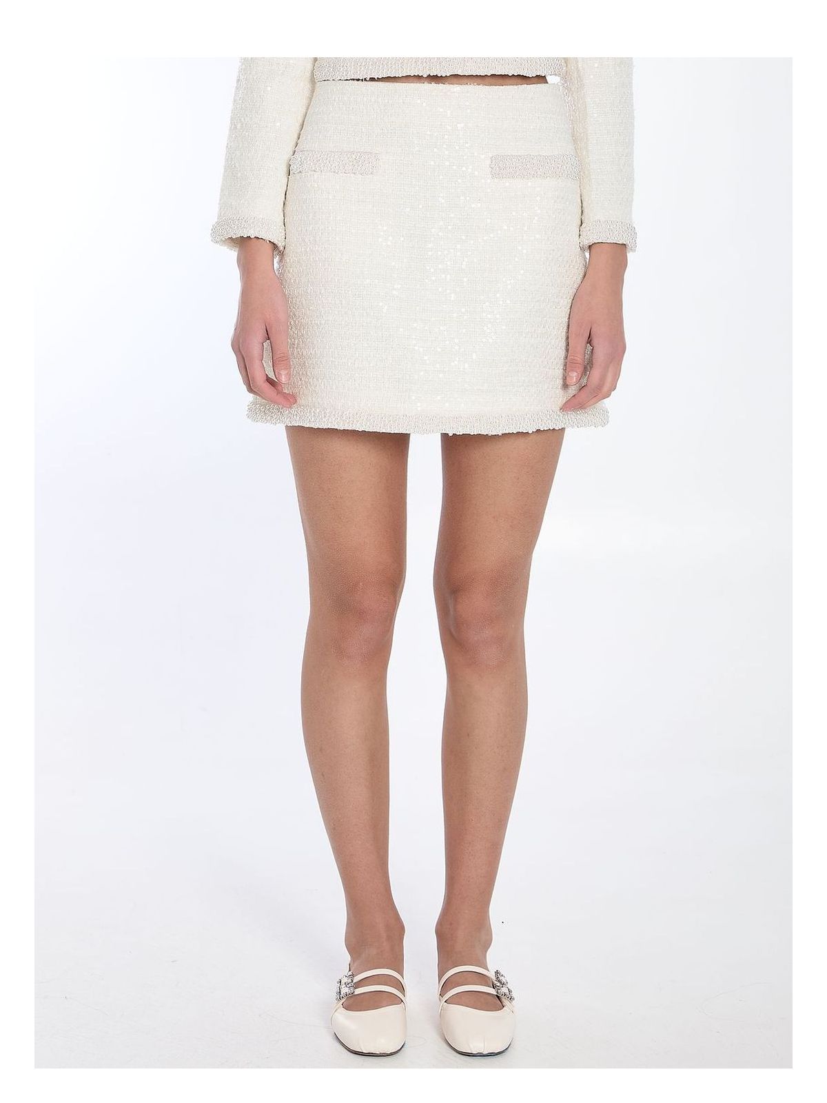 Self-portrait Cream Boucle Pearl Trim Mini Skirt In Ivory