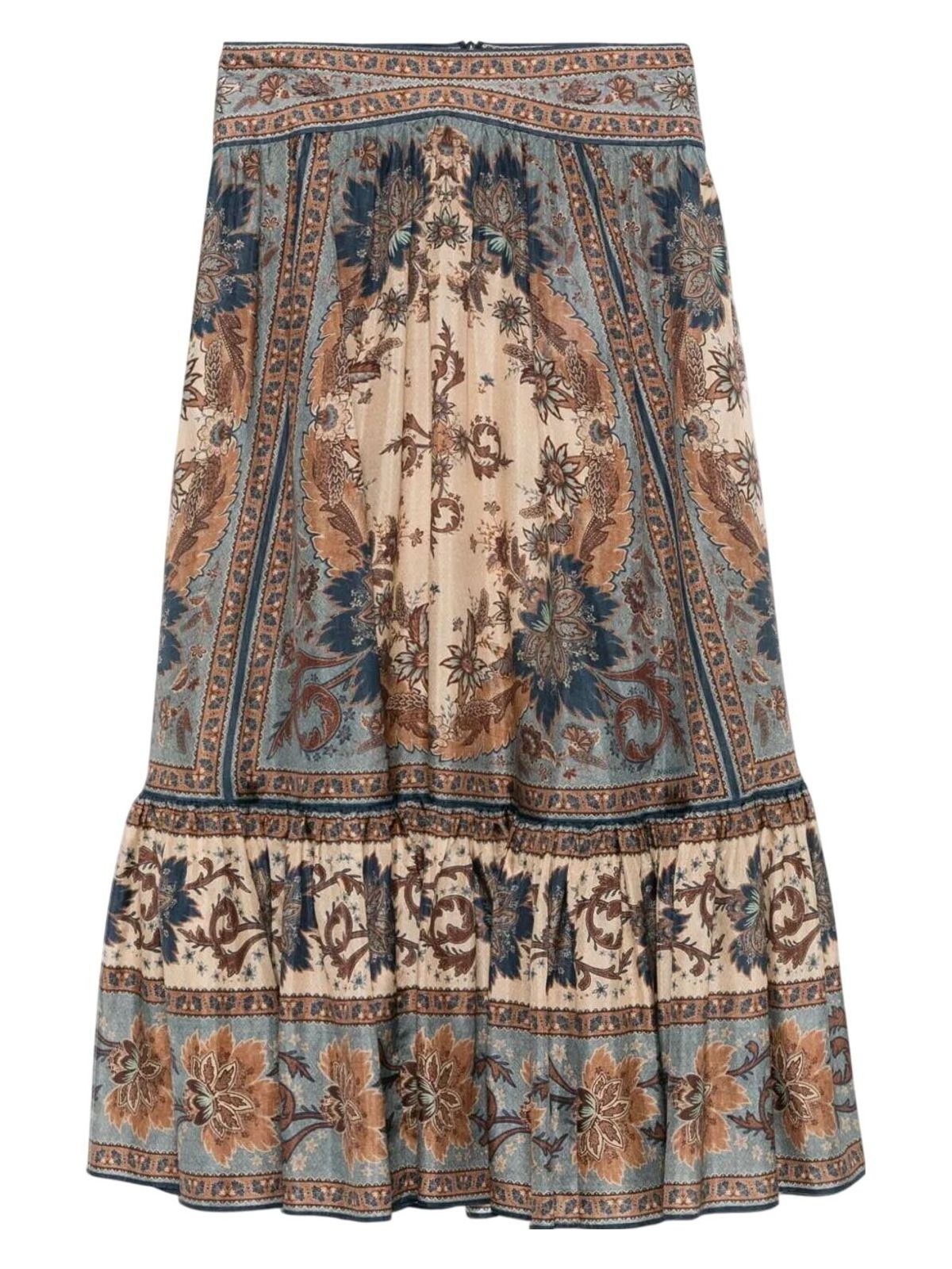 Zimmermann Womens Blue Cream Indienne Ascension Tiered Silk Midi Skirt Xs