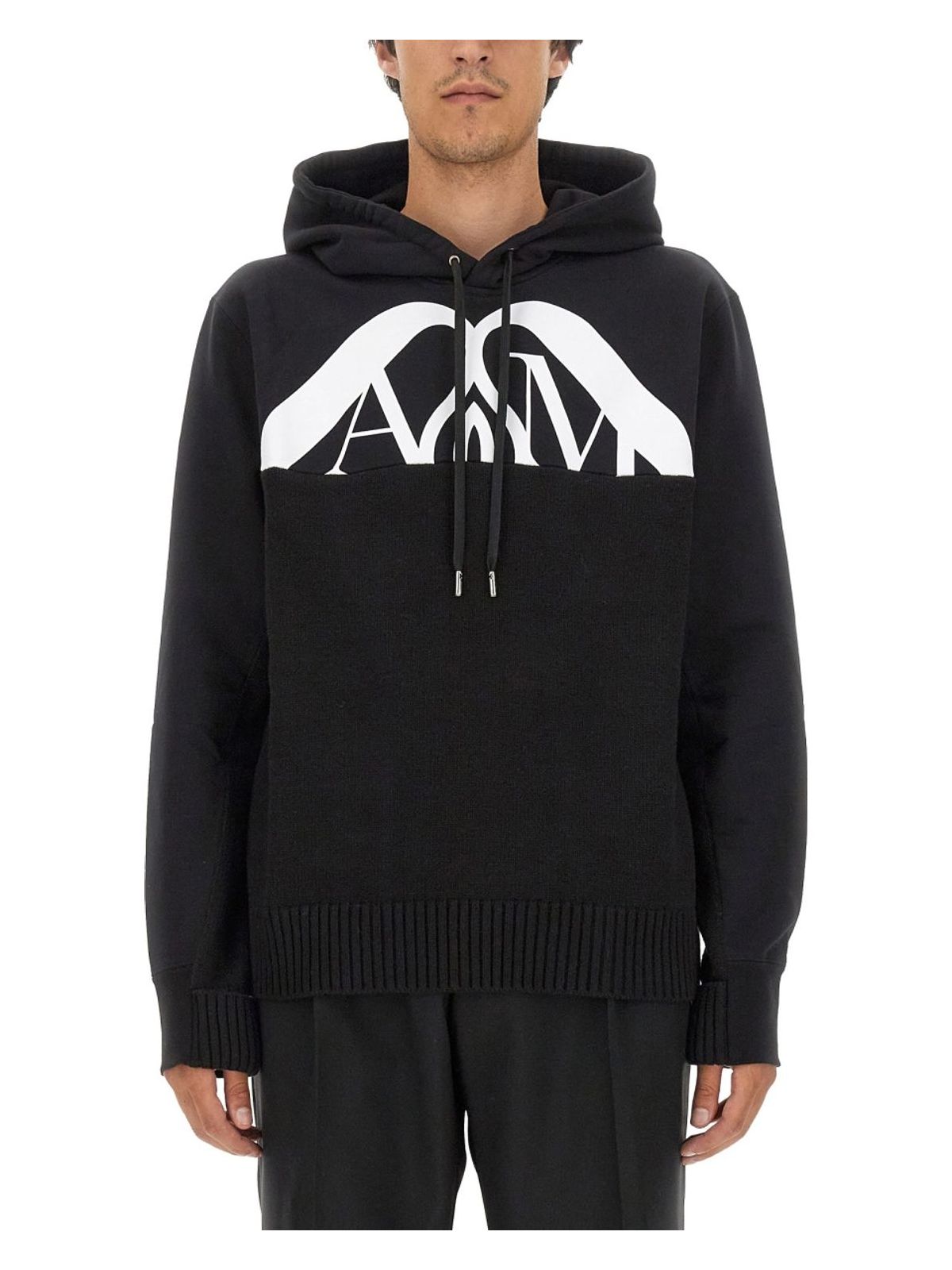 Alexander Mcqueen Drawstring Hooded Sweater With Ribbed Hem And Cuffs In Black