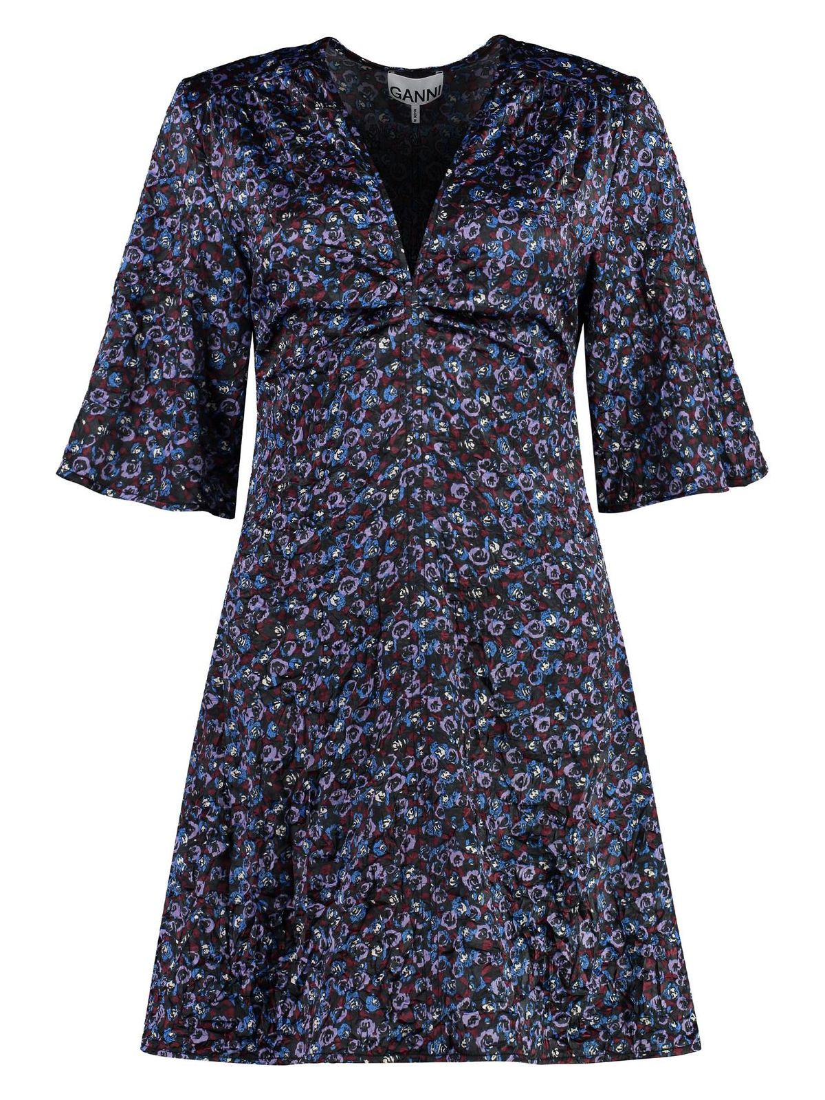 Ganni Printed Satin Dress In Black