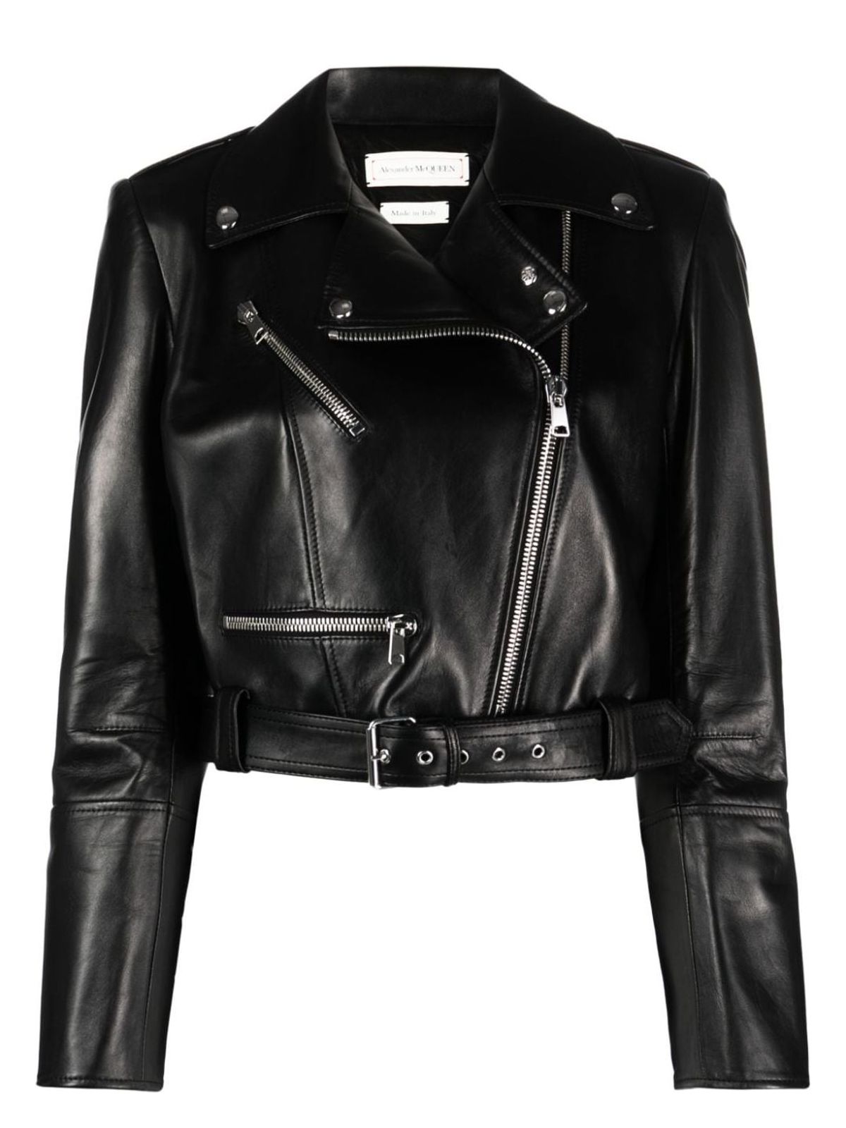 Alexander Mcqueen Black Cropped Biker Jacker With Matching Belt In Smooth Leather Woman In Black