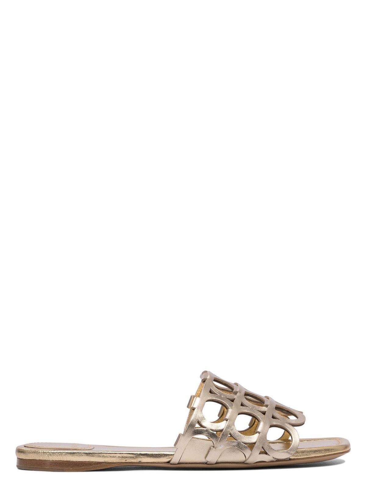 Ferragamo Erne Logo Monogram Metallic Leather Sandals In Gold