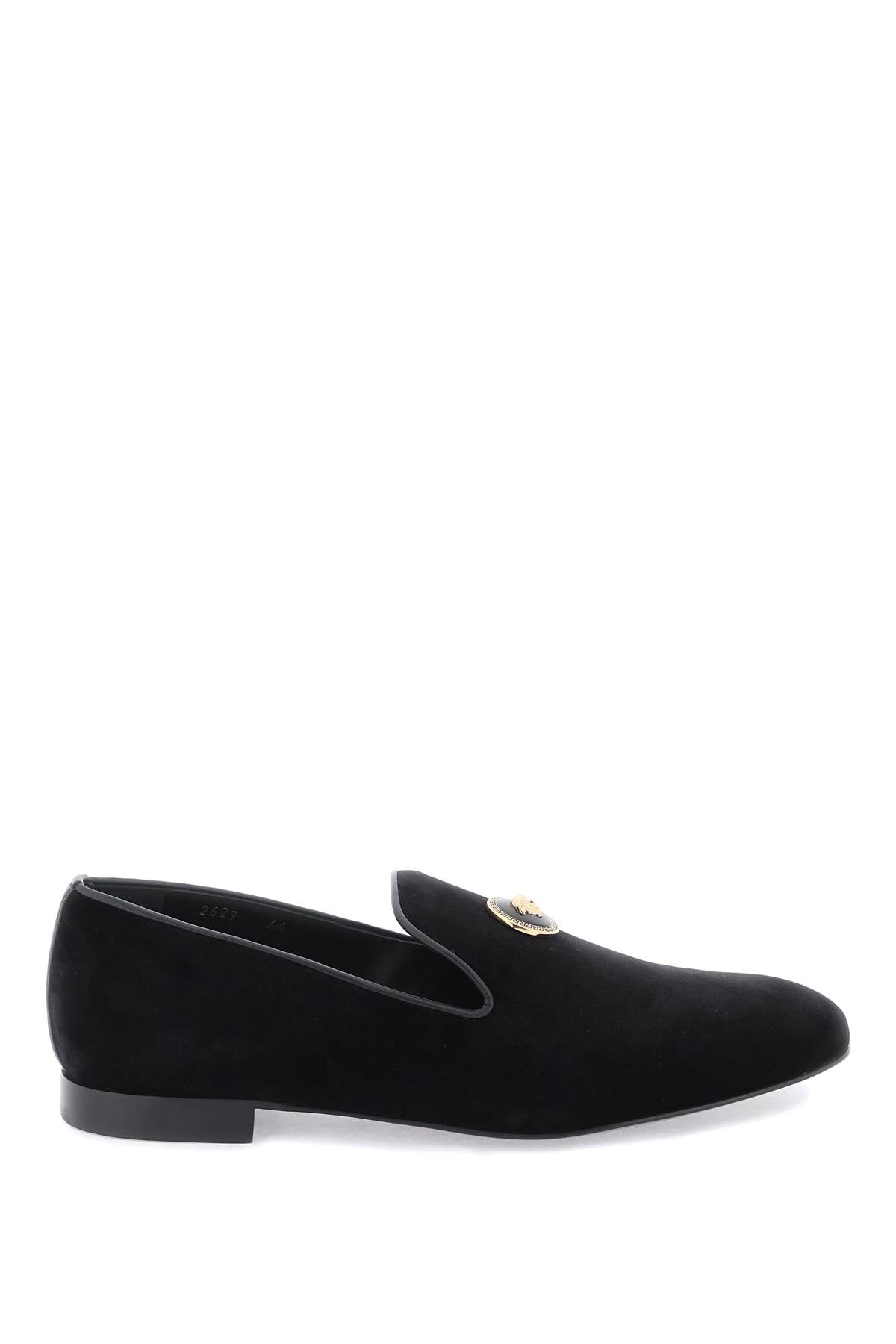 Shop Versace Men's Velvet Medusa Loafers In Black